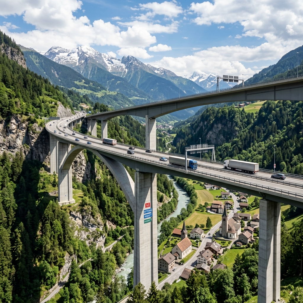 Pohled na sloupový viadukt v údolí